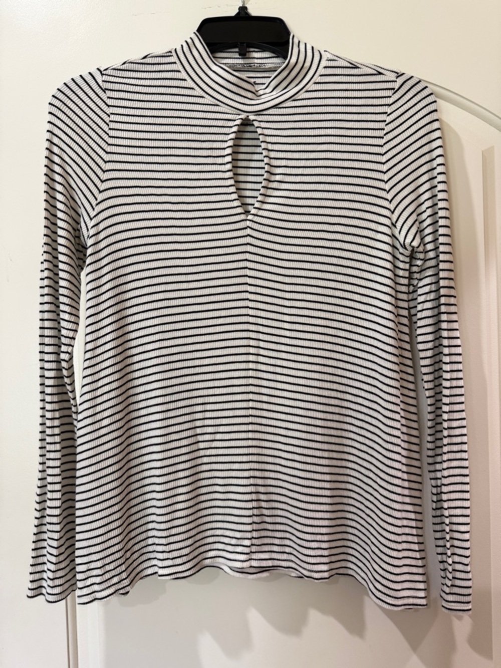 American Eagle Outfitters Black & White Striped Keyhole Mock Neck Top